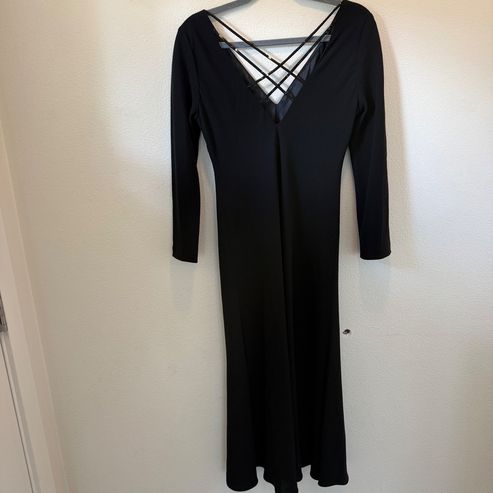 Lauren‎ Ralph Lauren Black Sequin Crisscross Back Midi Dress Long Sleeve Size 6 - Picture 7 of 11